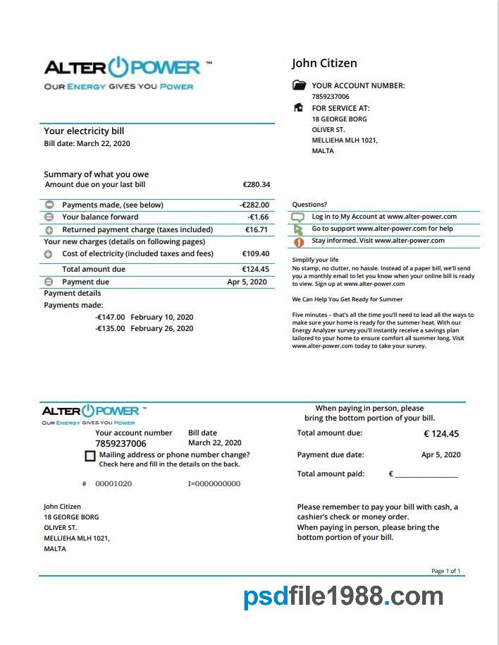 Malta AlterPower Malta Proof of Address Utility Bill